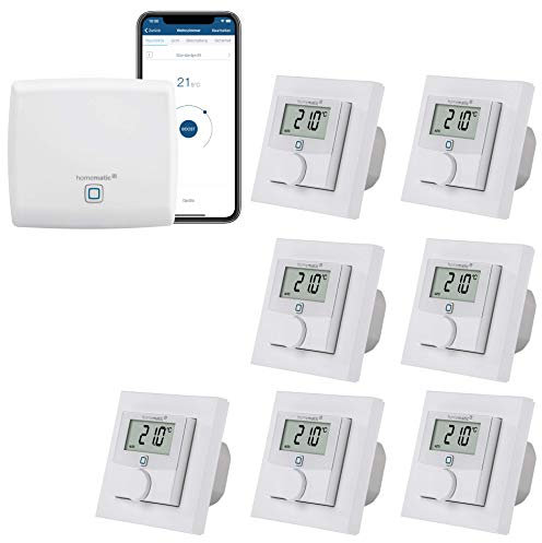 Homematic IP kabelgebundene Fußbodenheizungssteuerung zur Einzelraumregelung in 7 Räumen. Inhalt: Access Point und 7 Digitale Raumthermostate mit Schaltausgang. Mit App und Alexa kompatibel.