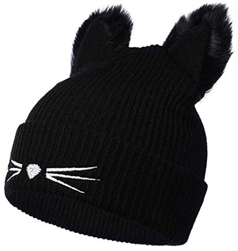 Yixda Beanie Mütze Damen Mädchen Wolle Katzeohren Wintermütze Strickmütze (Schwarz)
