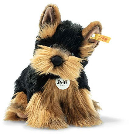 Steiff 076923 - Original Plüschtier Hund Herkules Yorkshire Terrier, Kuscheltier ca. 24 cm, Markenplüsch Knopf im Ohr“, Schmusefreund für Babys von Geburt an, braun/schwarz