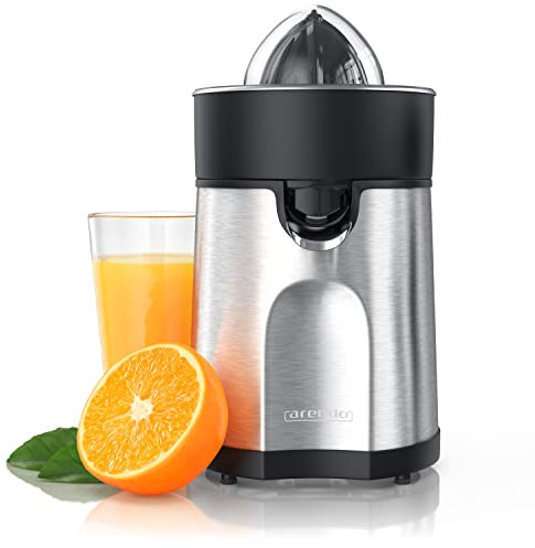 Arendo - Electric Orange Juice & Citrus Juicer Stainless Steel - Juicer - Juice Container 200 ml - Automatic Start/Stop - with 2 Press Cones - Includes Clear Cover - GS Tested Safety
