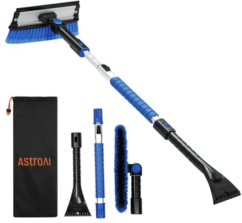 AstroAI Eiskratzer Auto mit Besen 119CM Lang Ausziehbarer Schneebesen Abnehmbarer Eisschaber mit Rakel & Ergonomischem Schaumstoffgriff & 180 ° Drehbarer Bürstenkopf lackschonend für PKW LKW SUV Blau