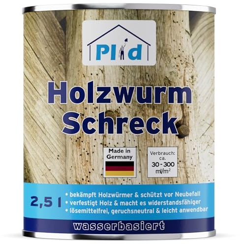 Plid Holzwurm Schreck 2,5 l | Holzschutz | Holzwurm & Holzbohrkäfer | Holzverfestiger | Farblos | Tiefenwirksam & hohes Eindringvermögen | Innen & Außen | ca. 30–300 ml/m²