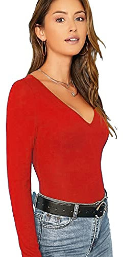 Women's Ladies Long Sleeve V Neck Basic Top Jersey Plain Stretchy Slim Fit Casual Wear T-Shirt Tee Tops 8-10 Red