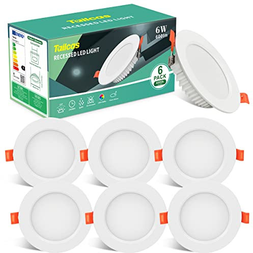 Tailcas LED Einbaustrahler 230V 6W Ultra Flach IP44, 6er LED Einbauleuchten Set Kaltweiß 6000k, Einbautiefe 26mm 600 Lumen, Ø105mm Einbaulochmaß 85-95mm, LED Deckenspots für Badezimmer Wohnzimmer