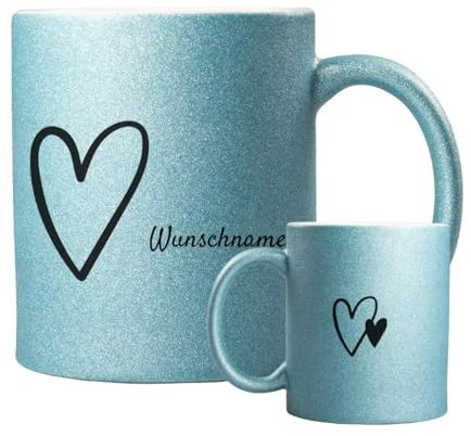 ORWONet personalisierte Glitzertasse mit Namen | 330 ml Glitzer-Keramik-Tasse mit Spruch & Wunschnamen | Made in Germany | hochwertige Keramik (Hellblau, Hab' dich lieb)