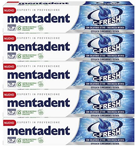 Mentadent 5x Dentifricio con Collutorio Attivo Freschezza Intensa - 5 Flaconi da 75 ml, Pasta, Menta, Prodotto per l'Igiene Orale