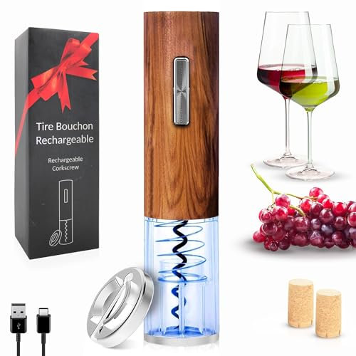 FISHTEC Coffret Tire-Bouchon Electrique Rechargeable – Éclairage LED bleu, Base Coupe Capsule, Ouverture Automatique, Base de rangement, Boite cadeau – Effet Bois