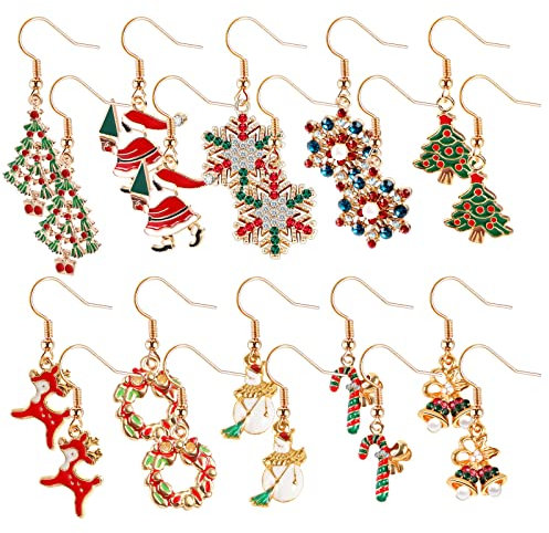 10 Paar Weihnachtsohrringe, Legierung Weihnachts Ohrringe Set mit 20 Ohrstecker Verschluss, Christmas Earrings Set für Kinder Damen Weihnachtsbaum Schneeflocke Rentier Ohrstecker