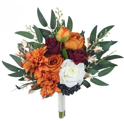 Rinlong Herbst-Hochzeitssträuße für Brautjungfern, gebrannte Orange, Brautjungfer, künstliche Blumen, Terrakotta-Blumenstrauß, Hochzeit, Abschlussball, Heimkehr