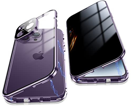 Jonwelsy Anti Peeping Case for iPhone 14 Pro Max, 360° Front and Back Privacy Tempered Glass Cover, Magnetic Bumper (Purple)
