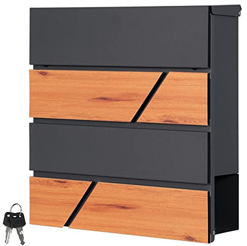 ML-Design Briefkasten Anthrazit/Holzoptik Eiche, Stahl, 37x37x11 cm, Moderner Postkasten mit Zeitungsfach, abschließbar, 2 Schlüssel, Design Wandbriefkasten mit Zeitungsrolle, Mailbox für Wandmontage