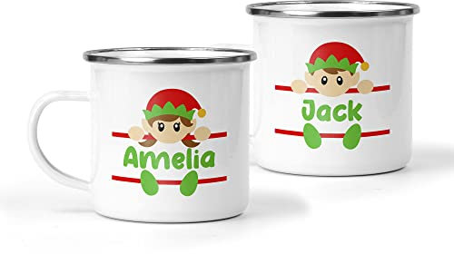 Personalised Christmas Mug with Elf & Name, Custom Festive Xmas Cup, Hot Chocolate Enamel Mug, Christmas Eve Box Fillers, Gifts For Kids