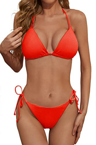 Zuvebamyo Damen Zweiteiliges Bikini Badeanzug Set – Sexy Ripp-Optik Triangle Top, Badeanzüge mit Bindebändern, Cheeky Bikini Sets, Neon-Orange, Large