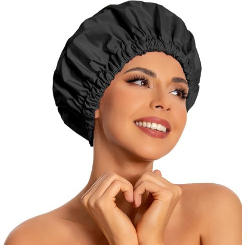 Reusable Shower Cap for Women, Large Waterproof Shower Bonnet Washable Elastic Band Bath Hair Hat for Long Hair, Braids(Black)