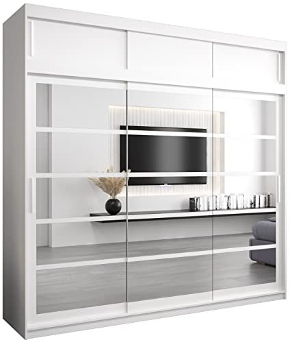 Kryspol Schwebetürenschrank Roma 2 250 cm mit Spiegel Kleiderschrank mit Kleiderstange und Einlegeboden Schlafzimmer- Wohnzimmerschrank Schiebetüren (Weiß mit Erweiterung)