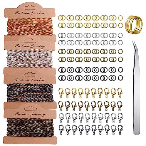 39 Fuß Gliederkette Meterware, 4 Farben Schmuckkette, Ketten Basteln Gliederkette Metall, Gliederkette Schmuck DIY mit 40 Karabinerverschlüsse und 120 Sprung Ringe für DIY Schmuck Herstellung