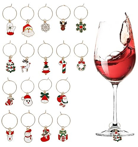 Christmas Wine Glass Charms, 18 Pcs Wine Glass Tags Champagne Cocktail Identifiers Cute Drink Markers for Stemmed Glasses, Wine Accessories Hostess Gifts Stocking Stuffers Christmas Party Decoration