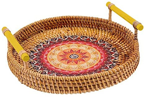 Breakfast Trays for Bed Handwoven Rattan Storage Tray Hand-Woven Round Basket with Handle Rattan Tray Bread Fruit Food Breakfast Display Storage Tray (Color : 1) (1)