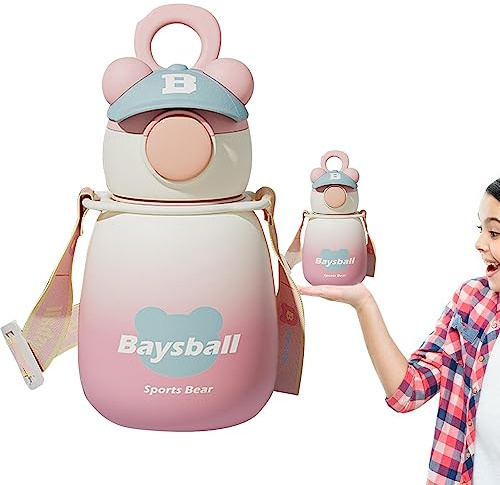 botella de agua del oso Lindas botellas de agua para niños de 650 ml | Vasos para beber con pajita para niñas, botella de agua de oso con sombrero de dibujos animados degradados, portátil, a