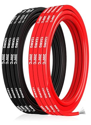 Silikonkabel,Silikon Elektronik Kabel-3,33 mm² 12AWG Super flexibles Elektrokabe 5m (2,5m Schwarz & 2,5m Rot) geeignet für Fernsteuerungsmodelle, Lampen, Haushaltsgeräte und mehr