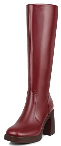 SOVANYOU Stivali in pelle nera con plateau da donna, punta quadrata, tacco a blocco, cerniera laterale, Rosso, 37 EU