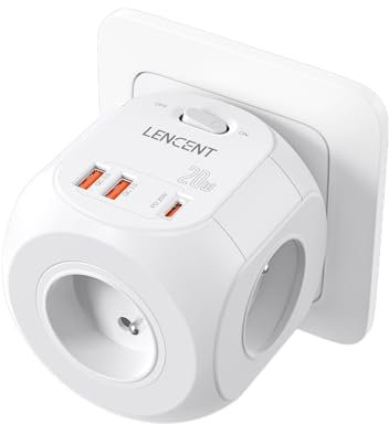 LENCENT Prise USB Secteur PD20W Amélioré Multiprise Murale Cube, Multiple 4 Prises 8 en 1 Chargeur Multiprise avec 4 Sortie AC, 4000W et 1 Type C et 3 USB Electrique Idéal Bureau Blanc