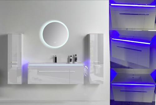 Faizee Möbel | Badmöbel-Set 90 cm in Weiß Hochglanz | Keramik-Waschbecken & runder LED-Spiegel | Badezimmermöbel mit 1x Seitenschrank Links | Modernes Design für stilvolle Bäder
