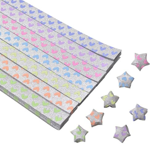 URROMA Stern-Papierstreifen, 360 Stück, Glitzer, leuchtende Glückssterne, Origami-Papier, Faltstreifen, Pfirsich, Herz, vierblättriges Gras, Kleiner Engel-Muster, Basteln, Faltpapier, Sterne, DIY