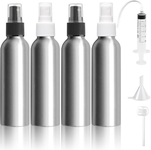 Bohoray 4Pcs 150ml Spray Bottles Aluminium, Refillable Atomiser Spray Bottle, Small Spray Bottles 150ml, Fine Mist Atomiser Perfume Spray Bottle With Syringe, Dispensing Tools For Perfume, Cosmetic