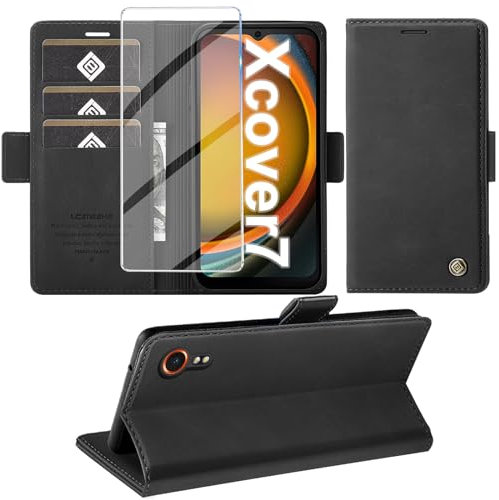 Giyer Handyhülle für Samsung Galaxy Xcover 7 Hülle mit Displayschutzfolie, Schutzhülle Galaxy Xcover 7 PU Leder Wallet Flip Case Ständer Kartenfach Klapphülle für Samsung Xcover 7 Tasche (Schwarz)