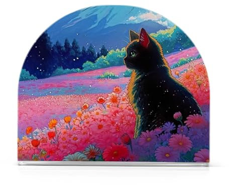 Porte-serviettes en acrylique rustique pour tables de table en forme de chat sur un champ de fleurs, porte-serviettes en papier pour comptoir de cuisine, table à manger, salle de bain