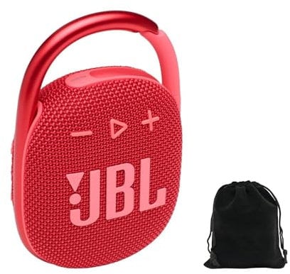 JBL Clip 4 Portable Bluetooth Speaker - Red, IP67 Waterproof, Dustproof, 10 Hours Playtime, Integrated Carabiner, Ultra-Portable Design, Bold Style, Rich Pro Sound, Includes Pouch, JBLCLIP4Red-Pouch