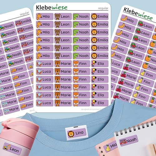 Klebewiese® - Namensaufkleber für Kinder (48 Stück) - Kleidung und Gegenstände - waschmaschinenfest und personalisiert (Farbe: Violett)