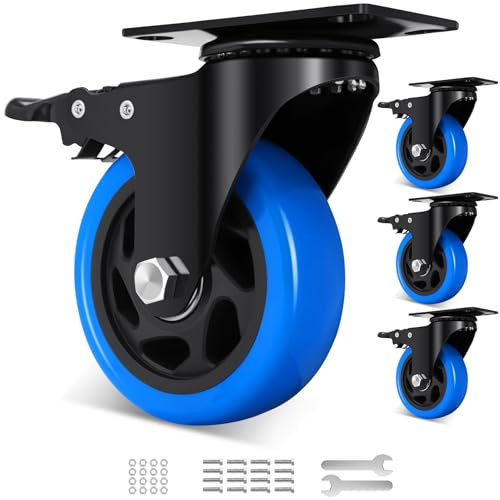Humagineer 100mm Roulettes Pivotantes con Doble Frein de Bloqueo, Roulettes para Muebles Pesados, 360 Grados Poliuretano Ruedas Pequeñas Carga 800KG, Ruedas para Mover Muebles, Carros, Lot de 4