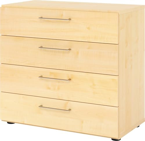 bümö smart Schubladenschrank, Büroschrank 80cm breit in Ahorn mit 4 Schüben - Bürocontainer aus Holz, Container mit Metallgriffen & Soft-Stop Schubladen