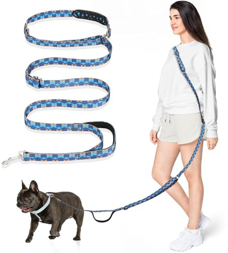 Tivray Hands Free Hundeleine 2,6 m, Verstellbare Freihandleine für Mittelgroße Hunde, Multifunktionale Laufleine für Joggen Spazieren Wandern, Crossbody & Hüftleine mit 3 Ringen, Geometrische Blau
