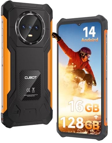 CUBOT Kingkong ES Smartphone Ultra-Mince et Robuste 16Go 128Go/1To Android 14, IP68 & IP69K, 6,56 Pouces HD+, Batterie 5100 mAh, Support GPS, Face ID, 5G WiFi (Noir Orange)