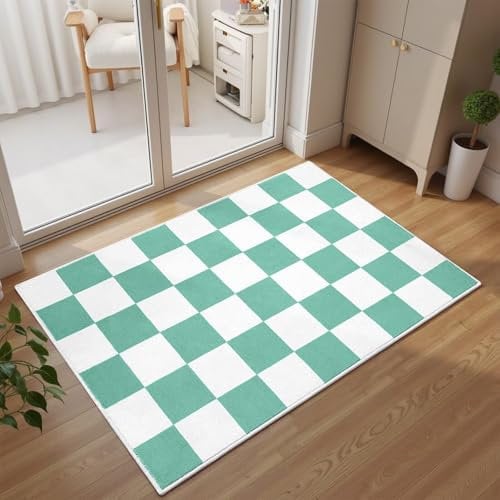 Terrug Petit tapis à carreaux doux et lavable avec envers antidérapant – Tapis à poils courts pour chambre à coucher, entrée, couloir, cuisine, buanderie (vert et blanc)