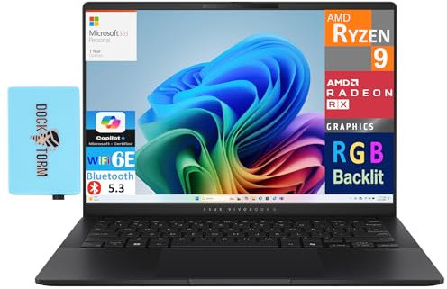 ASUS Vivobook S 14 AI Powered Laptop 14 OLED 2.8K Display (AMD Ryzen AI 9 365, 32GB LPDDR5X, 1TB PCIe SSD, AMD Radeon 880M, RGB KB, Win 11 Pro) w/MS 365 Personal, DKZ USB Port Expander