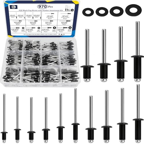 ZQZ 970Pcs Black Pop Rivets with Washer Assortment Kit, 14 Sizes Black Rivets with 3/32 1/8 5/32 3/16 Blind Rivets, Assorted Pop Rivets Set for Metal