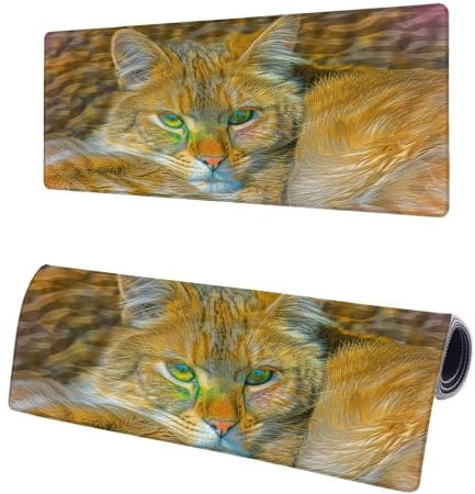 Large Mouse Mat Cat, Extended XXL Animal Gaming Mouse Pad Desk Pad 600x300x3mm, Keyboard Mat with Non-Slip Rubber Base, Soft Smooth Surface, Stitched Edges Mousepad, Improved Precision and Speed U-7