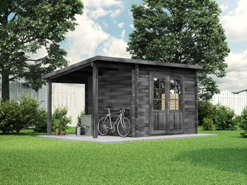 Alpholz Pultdach Gartenhaus Maria mit Schleppdach Gartenhaus aus Holz in Grau, Holzhaus mit 28 mm Wandstärke inklusive Schleppdach, Blockbohlenhaus mit Montagematerial