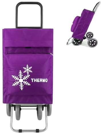 Carro de la Compra Plegable con Bolsa Térmica 4 Ruedas para Subir Escaleras, Carrito del Mercado, Bolsa Impermeable isotérmica de 44L litros. (Morado)
