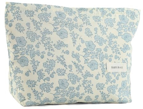 Kytpyi Kosmetiktasche, Schminktasche Groß, Frische Süße Doppelschichtige Kulturtasche Damen Studenten, Tragbare Weiche Kulturbeutel Damen für Verabredung Alltagsleben Reise (Blaue Blumen)