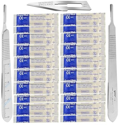 YNR Instruments England Scalpel Handle No.3 Stainless Steel with 0–6cm Ruler + 20x No.11 Blades – Surgical & Craft Precision Knife Set