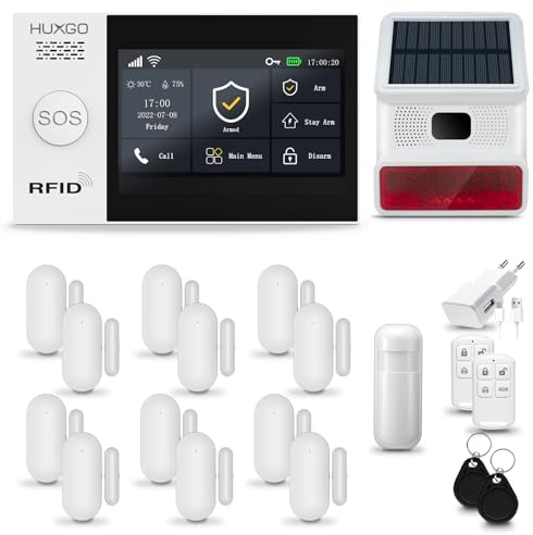 HUXGO® HXA007 Allarme casa senza fili WiFi + GSM 4G con wireless Sirena solare | Kit allarme con 1x rilevatore di movimento, 12x sensori per porte e finestre, telecomando | Compatibile con TUYA