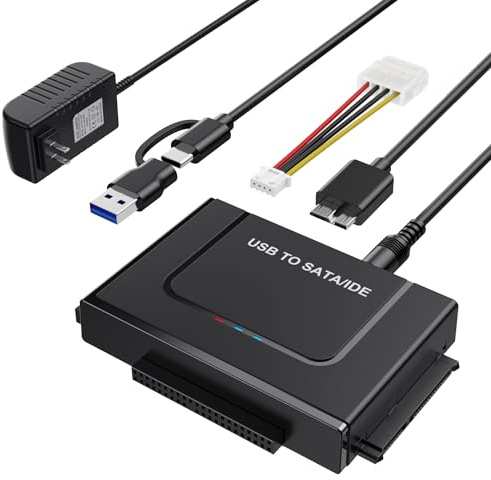 Adaptador USB 3.0 a IED SATA, convertidor de lector de disco duro externo SATA adaptador USB para HDD SSD de 2.5 pulgadas y 3.5 pulgadas con adaptador de corriente de 12/2 A