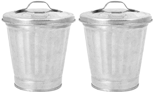 BESPORTBLE Lot de 2 petits poubelles en métal galvanisé avec couvercle, seau de rangement polyvalent, corbeille de bureau, 9 x 9 x 9 cm