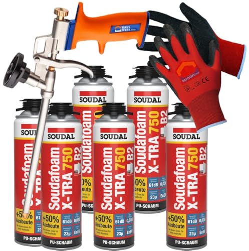 SET SOUDAL Soudafoam X-Tra 750 B2 Pistolenschaum 6 x 500 ml + Arbeitshandschuhe und Schaumpistole von Hauswerk.shop