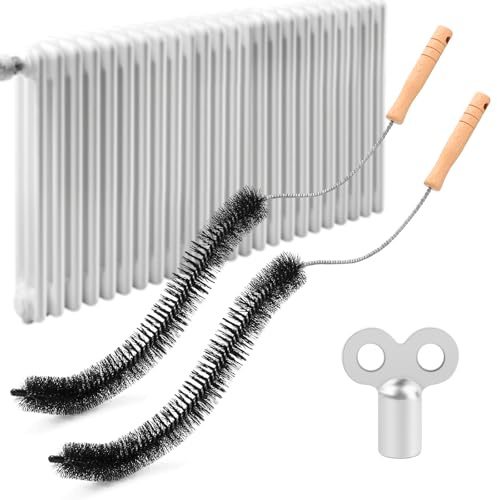 Heizkörperbürste mit Entlüftungsschlüssel [2er Set] Heizkörper Reinigungsbürste Lang 70cm Aus Nylon - Heizbürste mit Holzgriff für Flexible Reinigung